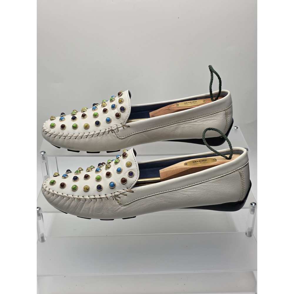 Robert Zur White Studded Leather Slip-On Loafer Flats‎ Comfort Women's Size 9